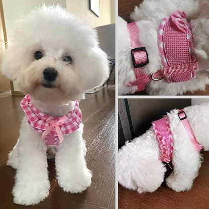 SuperBuddy Upgraded Soft Mesh Dog Harness, Super Breathable Lightweight Pet Harnesses for Puppy Dogs Outdoor Walking, Pink and Purple Dog Harness Set Packing -Medium
