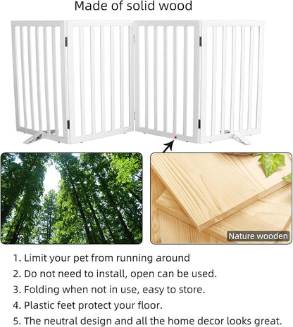 Dog Gate Indoor, Freestanding Dog Fence for The House, Doorways, Hallways,or Stairs,Pet Gate Foldable Wooden,Expandable 32" Height 4 Panels,White