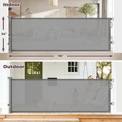 96" Retractable Baby Gates Large Openings, Extra Wide Mesh Dog Gate for Garage Deck Porch, Strong Suction Disc Prevent Crawling Under, 34" Tall Long Safety Gate for Child Indoor Outdoor, Gray