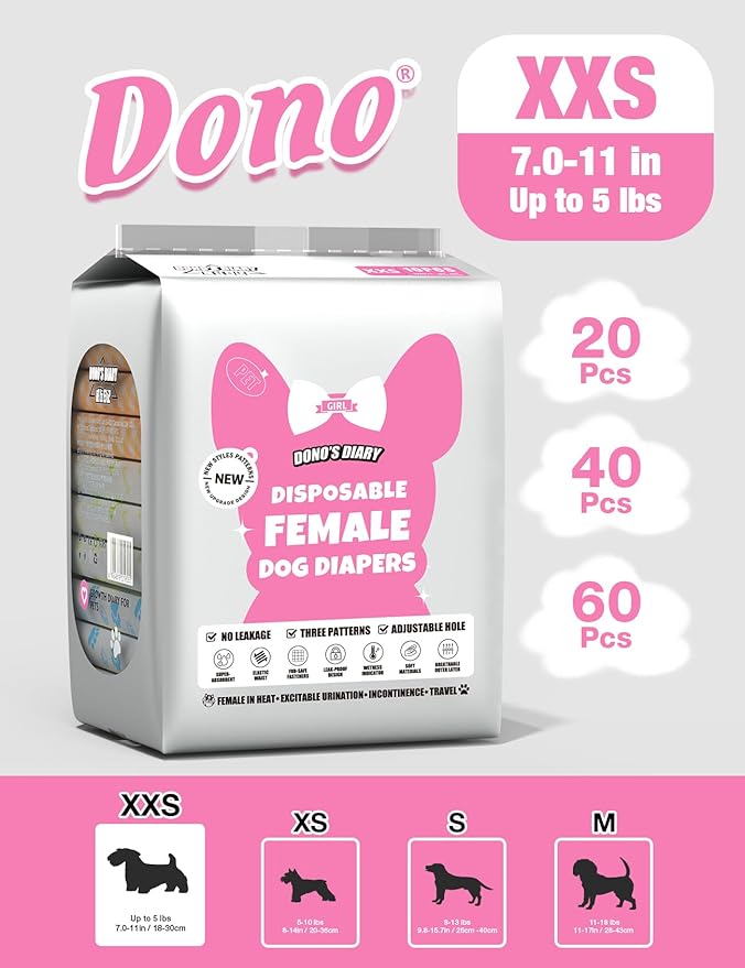 Dono Dog and Cat Diapers Female-40PCS, Disposable Female Dog Period Diaper for Heat with Wetness Indicator, Super Absorbent Doggie Puppy Diapers Female for XXS,Small Medium Large Dogs