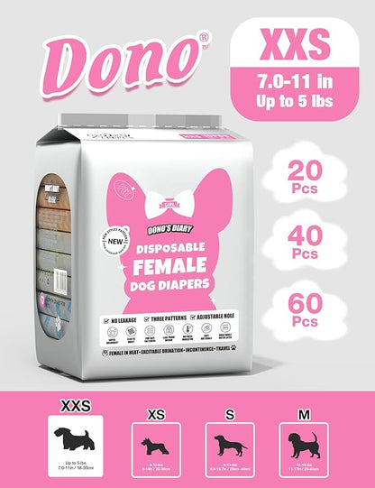 Dono Dog Diapers Female-60Pcs, Disposable Doggie Diapers with Wetness Indicator, Super Absorbent Leak-Proof Pet Puppy Diaper for Female Dogs in Peeing or Elderly Incontinence