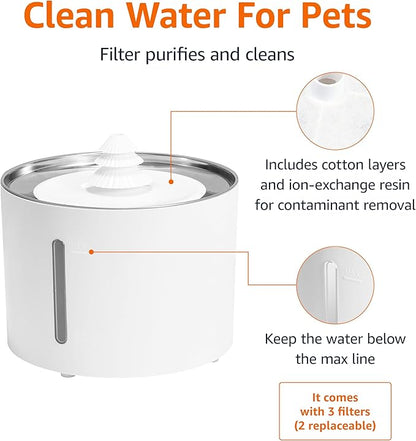 Amazon Basics Large Capacity Pet Water Fountain with Stainless Steel Top, Ultra Quiet, Easy to Clean, BPA Free, 3L, White, 3 Filters Included