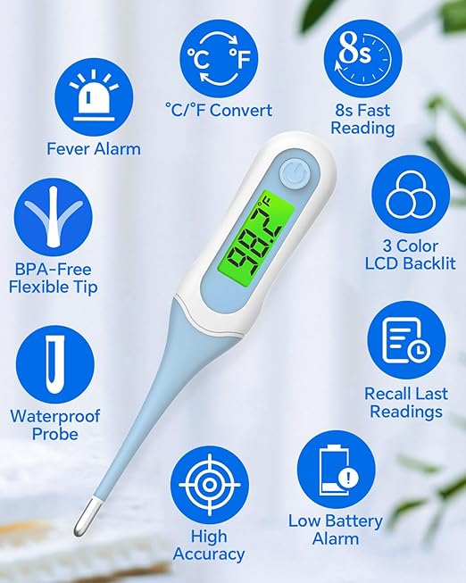 Digital Oral Thermometer for Adults and Kids, 8s Fast Reading, Accurate & Safe Thermometer for Baby with Fever Alarm, °C/°F Switchable, 3 Colors Backlit Medical Rectal Thermometers