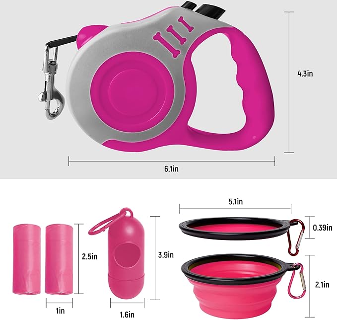 Retractable Dog Leash Automatic Telescopic Tractor Dog Tape, Pet Tape 10/16 FT Durable and Convenient, with Folding Bowl, Dispenser, Rubbish Bags, Suitable for Small and Medium Dogs