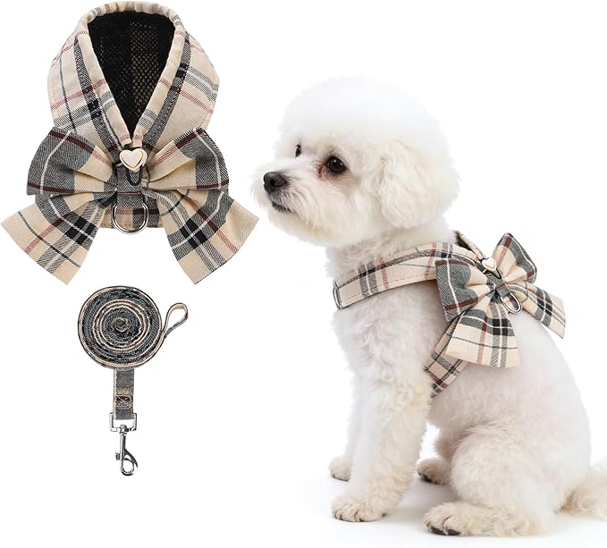 KOOLTAIL Small Dog Harness and Leash Set, Cute Puppy Vest Harnesses with Bowtie, Step in No Pull Soft Mesh Padded Adjustable Plaid Pet Harness for Extra-Samll Medium Dogs Cats, Boy Girl, XS-M, Beige S