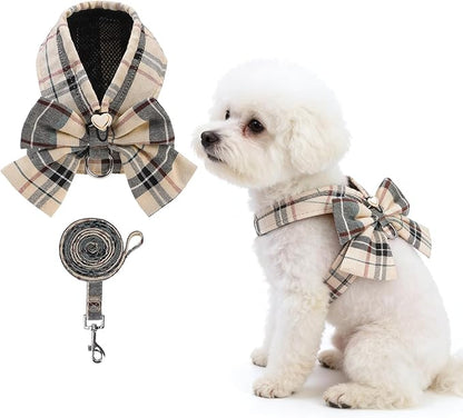 KOOLTAIL Small Dog Harness and Leash Set, Cute Puppy Vest Harnesses with Bowtie, Step in No Pull Soft Mesh Padded Adjustable Plaid Pet Harness for Extra-Samll Medium Dogs Cats, Boy Girl, XS-M, Beige S