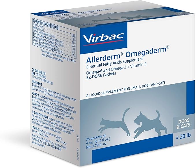 Virbac ALLERDERM OMEGADERM® Essential Fatty Acids Supplement - Omega 3, Omega 6, Vitamin E supplement | Allergy Support for Cats/Small Dogs – 28 daily doses