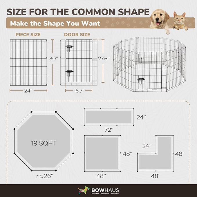 BOWHAUS Foldable Outdoor/Indoor Pet Playpen with Gate, Available in 30 Inch Height Metal Portable Kennel, Heavy-Duty Exercise Fence Cage 8 Panels for Medium Dog, Animals