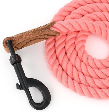 Mile High Life Dog Leash, Braided Cotton Rope Leashes with Leather Tailor Tip with Leather Tip - Heavy Duty Metal Clasp, 6FT, 1/2" Thick - Wedding, Walking Leash for Medium Large Dogs(Pink)