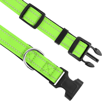 Reflective Dog Collar, Adjustable Soft Neoprene Padded Nylon Pet Collars with Buckle for Small Dogs, Green,S
