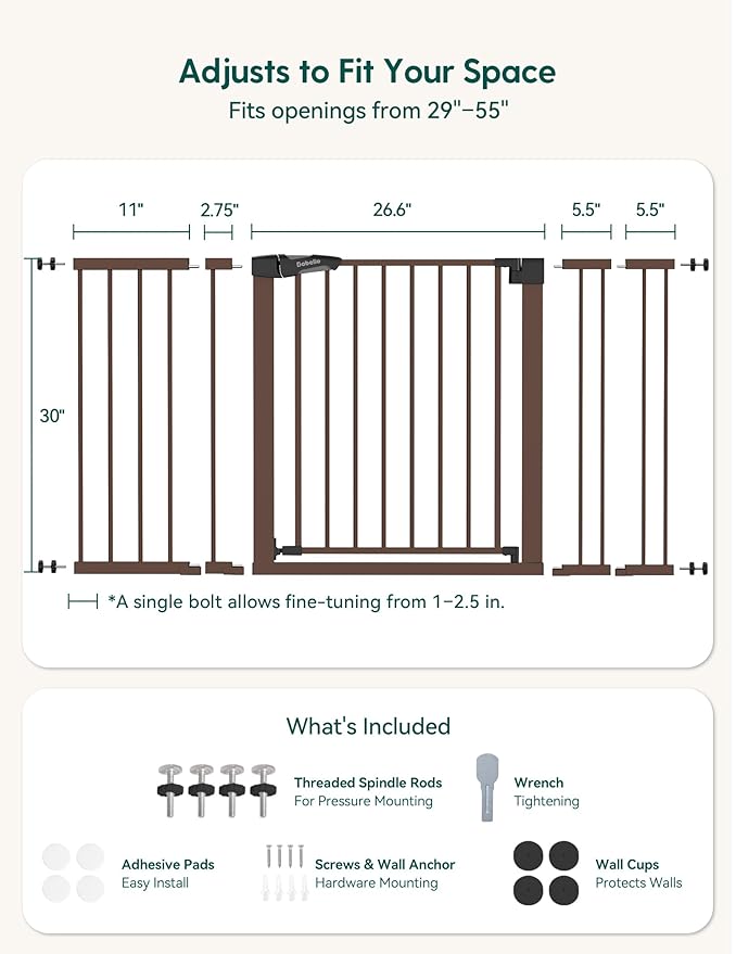 Babelio 29-55" Extra Wide Baby Gate for Stairs & Doorways, Metal Auto Close Pressure Mounted Child & Pet Safety Gate, Easy Install NO Need Tools and Drilling for Indoor Use, Brown