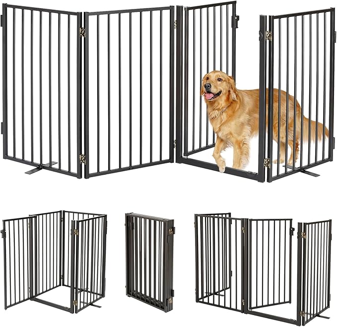 Metal Freestanding Dog Gates with Door for Outdoor Indoor,80'' Extra Wide 36'' Tall Free Standing Dog Gate for Doorways,Large Openings,Deck,Yard,Porch,Foldable Safety Pet Fence(Black,4 Panels)