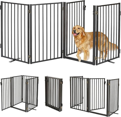 Metal Freestanding Dog Gates with Door for Outdoor Indoor,80'' Extra Wide 32'' Tall Free Standing Dog Gate for Doorways,Large Openings,Deck,Yard,Foldable Safety Pet Fence(Black,4 Panels)