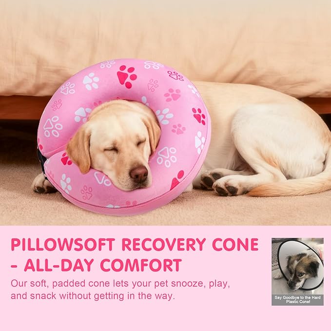 BEAUTYZOO Dog Cone Alternative After Surgery for Large Medium Small Dogs, Soft Inflatable Cone Collar for Dogs Cats, Pet Neck Donut E Collar Dog Recovery Collars to Stop Licking, Paw Pink, L