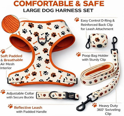 No Pull Dog Harness Set 4PCS – Adjustable Soft Vest Harness with Leash, Collar & Poop Bag Dispenser – Durable & Comfortable for Medium Large Dogs (Size L)