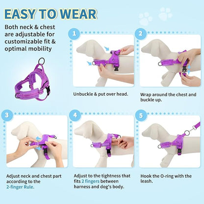 Lukovee No Pull Dog Harness and Leash Set, Soft Padded Small Dog Harness, Neck & Chest Adjustable Reflective Vest Puppy Harness with 4ft Lightweight Anti-Twist Dog Leash for Small Dogs (XS, Purple)