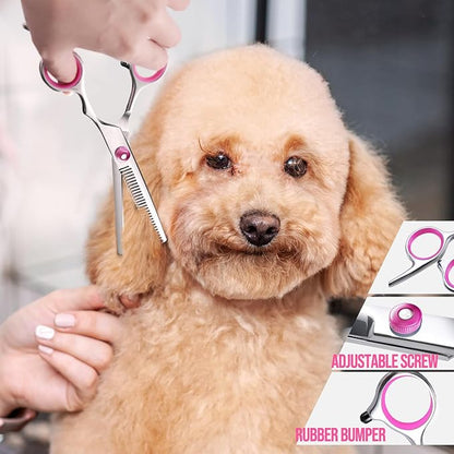 Gimars Dog Grooming Scissors Kit Professional 4CR with Safety Round Tip, 5 in 1 Heavy Duty Titanium Coated Thinning & Curved & Straight Shears