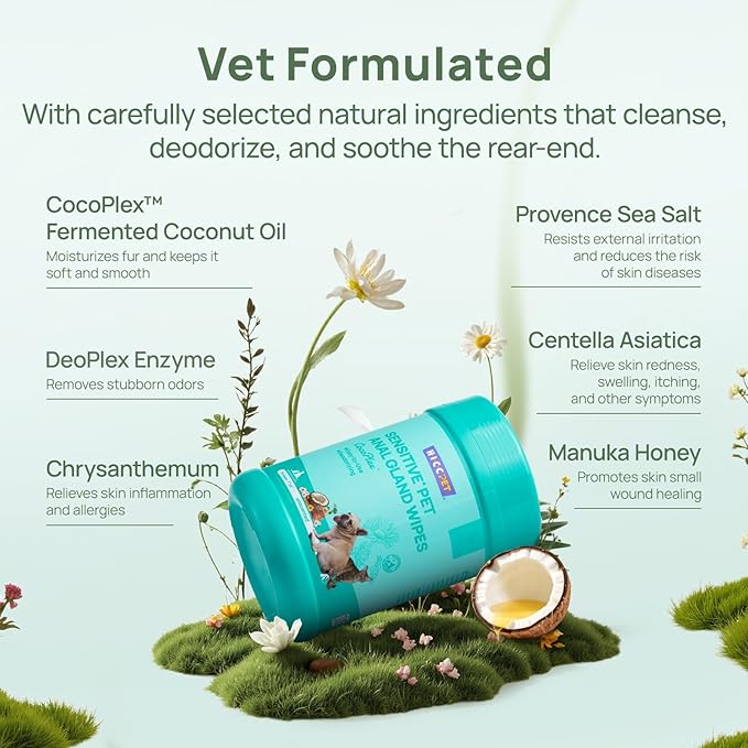 HICC PET Dog Wipes Cleansing Deodorizing, Nourishes Fur & Eliminates Odors, Pet Cat Cleaning Wipes for Paws and Butt - 75ct