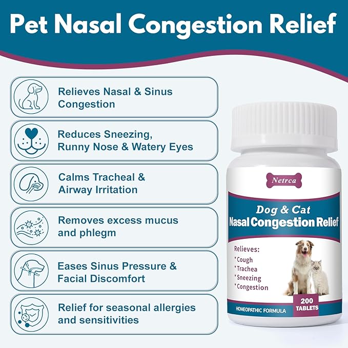 Dog and Cat Nasal Congestion Relief - Helps Relieve Sneezing, Trachea, Runny Nose & Nasal Congestion | Easy-to-Administer Tablets (200 ct)