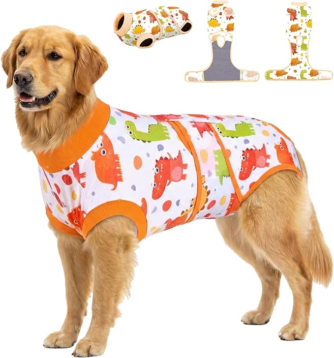 PetWarm Dog Neuter Recovery Suit Male, Onesie for Dogs After Surgery, Professional Dog Recovery Shirt Abdominal Wounds Bandages Substitute E-Collar and Cone, Dinosaur Pattern, Yellow, 2XL