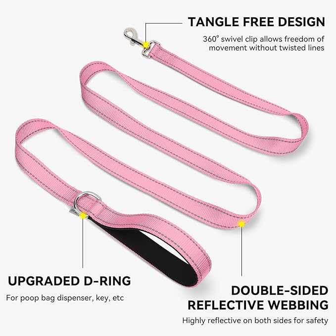 Joytale Dog Leash, 6 FT Double-Sided Reflective, Padded Handle Nylon Heavy Duty Leashes for Medium & Large Dogs Walking, Pink