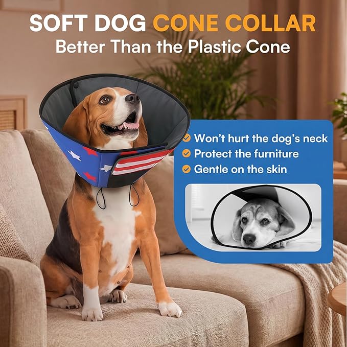 Queenmore Dog Cone, Cone for Dogs to Stop Licking, Dog Cones for Medium Dogs, Adjustable Doggy Recovery Collars & Cones, Elizabethan Collar for Pets After Surgery, USAFlag M