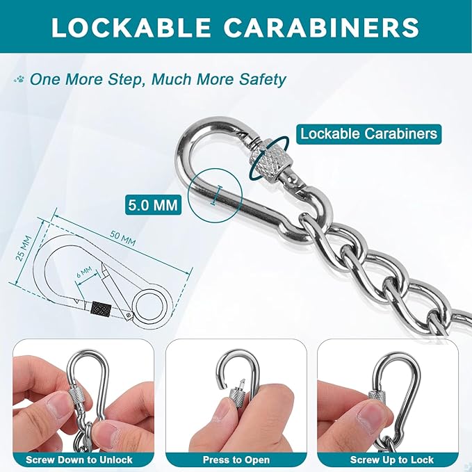 Dog Collar Safety Clip, Chew Proof Prong Collar Double Ended Backup Clasp Stainless Steel, Heavy Duty Dog Chain Leash Connector for Harness, Pinch, Gentle Lead with Carabiner, 8in