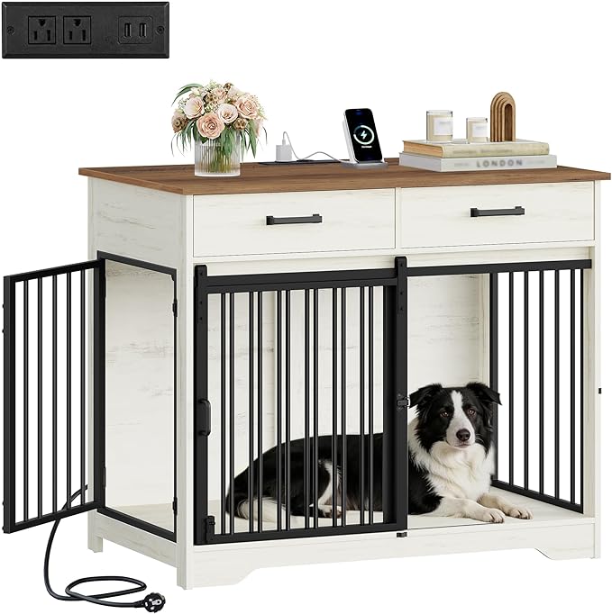 Hzuaneri 38.2'' Dog Crate Furniture with Charging Station, Barn Door Dog Kennel Indoor with 2 Storage Drawers, Wooden Pet Cage End Side Table for Medium/Large Dogs, Chew-Proof, White Brown DFC90314B
