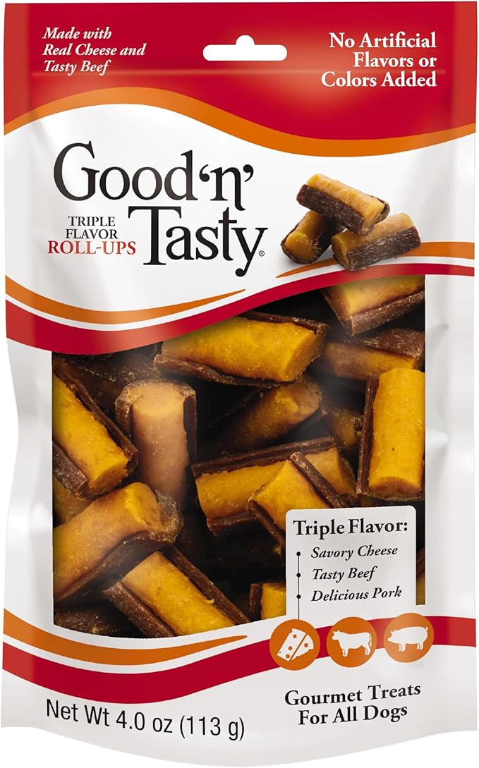 Good'n'Fun Good 'n' Tasty Triple Flavor Roll Ups 4 Oz Cheese,Beef,Pork,(Pack of 4)