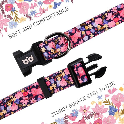 QQPETS Adjustable Soft Dog Collar: Print Flower Pink Multicolor Cute Patterns for XS Small Medium Large Pet Girl Boy Puppy Walking Running Training