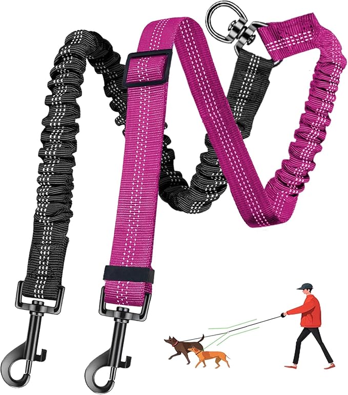 Double Dog Leash - 360°Swivel Tangle Free Splitter Attachment, 2 Dogs Multi-Functional Leashes, Dual Rope for Outdoor Walk Train Small Medium Large Two Pet, Fuchsia