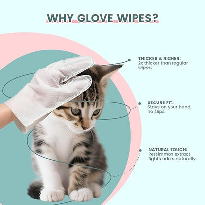 IMMHABI 50 Pcs Cleaning Deodorizing Pet Glove Wipes for Dogs & Cats, Hypoallergenic Dog Bath Wipes with Natural Deodorizer Persimmon Tannin, Pet Bathing Wipes for Horse Coat Care Unscented