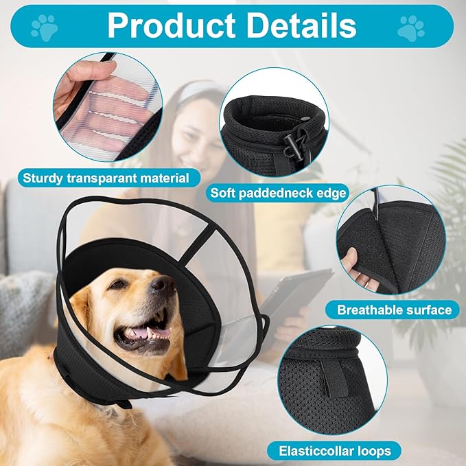 Soft Elizabethan Dog Cone Collar for Large, Medium & Small Dogs - Adjustable Recovery Collar for Post-Surgery, Wound Protection & Licking Prevention - Lightweight Pet Cone Alternative（Black,XL）