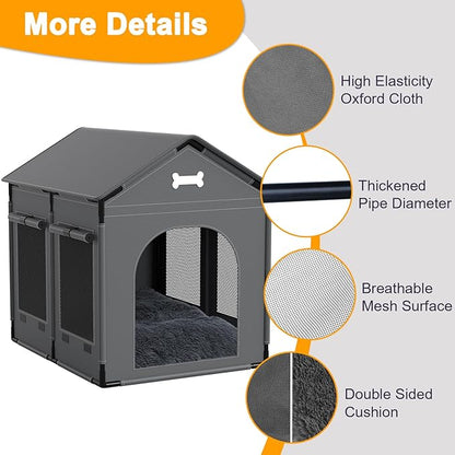Extra Large Dog House Indoor with Plush Cushion, Dog Kennel for Inside with Sturdy Frame, Waterproof Pet House Suitable for Medium Large Dogs, 34x27x34in, Gray