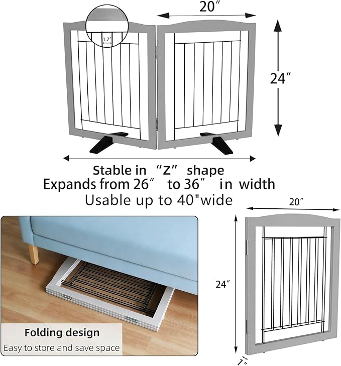 ZJSF Freestanding Dog Fence Indoor, Foldable Dog Gate for Doorways, Stairs or Hallways, Sturdy Wood Extra Wide Pet Gate with Support Feet for The House, Grey, 24 "Height-2 Panels