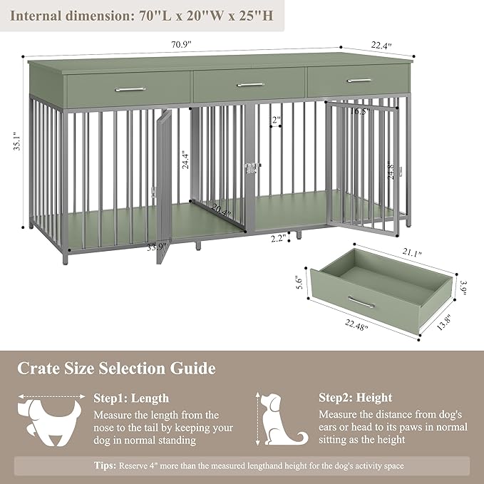 HOSTACK Double Dog Crates Furniture, 71" Wide Indoor Dog Kennel with 3 Drawers, Farmhouse Dog Cage for 2 Large/Medium Dogs, Heavy Duty Dog Crate with Removable Room Divider, Wooden Pet House, Green