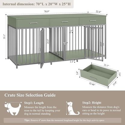 HOSTACK Double Dog Crates Furniture, 71" Wide Indoor Dog Kennel with 3 Drawers, Farmhouse Dog Cage for 2 Large/Medium Dogs, Heavy Duty Dog Crate with Removable Room Divider, Wooden Pet House, Green