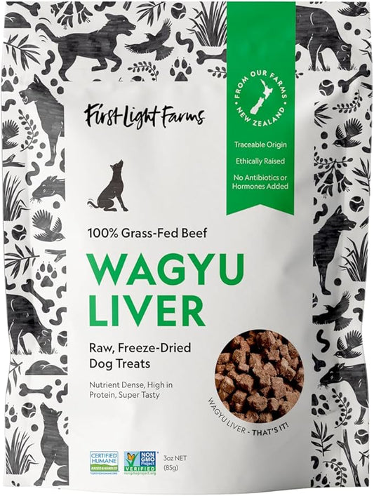 First Light Farms Freeze-Dried Wagyu Beef Liver Dog Treats | 100% Grass-Fed, Certified Humane, 3 oz Bag | Single Ingredient, Nutrient-Dense Superfood for All Breeds & Life Stages