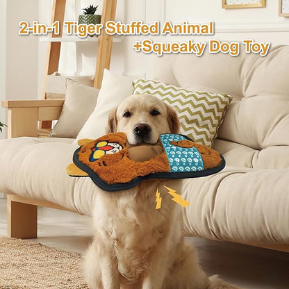 Yellow Tiger Plush Squeaky Dog Toy with TPR Muscles Puppy Teething Chew Toy Cute Soft Funny Stuffed Animal Interactive Fetch Tough Dog Toy for Small Medium Large Dogs Toy Gift 29cm/11.42in