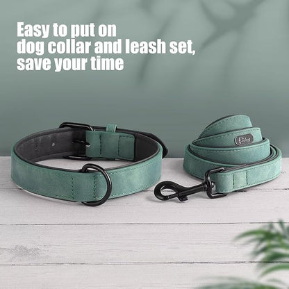 Didog Soft Padded Leather Dog Collar and Leash Set, Adjustable Dog Lead and Collar Set with Metal Buckle, Breathable Pet Collars with 4FT PU Leather Leash for Large Dogs, Green, XL