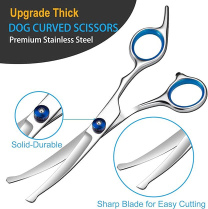 5 in 1 Upgraded Thicken Dog Grooming Scissors, Professional Dog Scissors for Grooming with Safety Round Tips, Lengnoyp Stainless Steel Thinning Shears, Pet Cat Shears for Grooming Kit