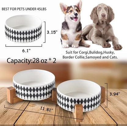 Petygooing Ceramic Dog Cat Bowl Set with Stand, Pet Food and Water Dishes,Small Dog Bowls Anti-Slip Set of 2 Cat Bowls-Pet Food Bowl- Pet Dish Small Medium Size Pet (28OZ/6.1 in) Black Rhombus