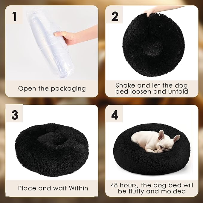 Hoewina Dog & Cat Bed, 20in Cat Beds for Indoor Cats, Calming Donut Bed for Puppy and Kitten, Washable Round Fluffy Pet Bed for Small Medium Dogs and Cats (Black)