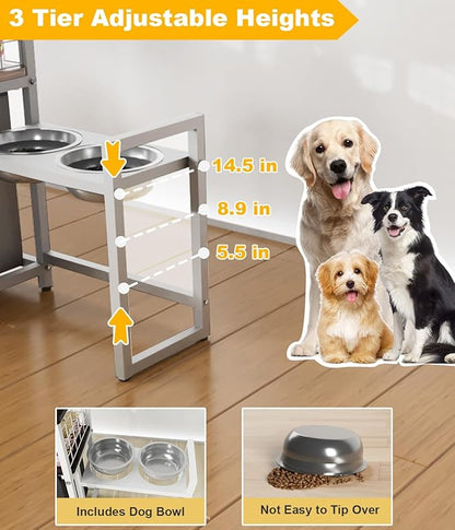 30.6Long x 26.2 High Elevated Dog Bowl Stand with Pet Food Storage Organizer, Adjustable Raised Feeding Station with Toy Basket for Large Medium Small Dogs and Cats, White