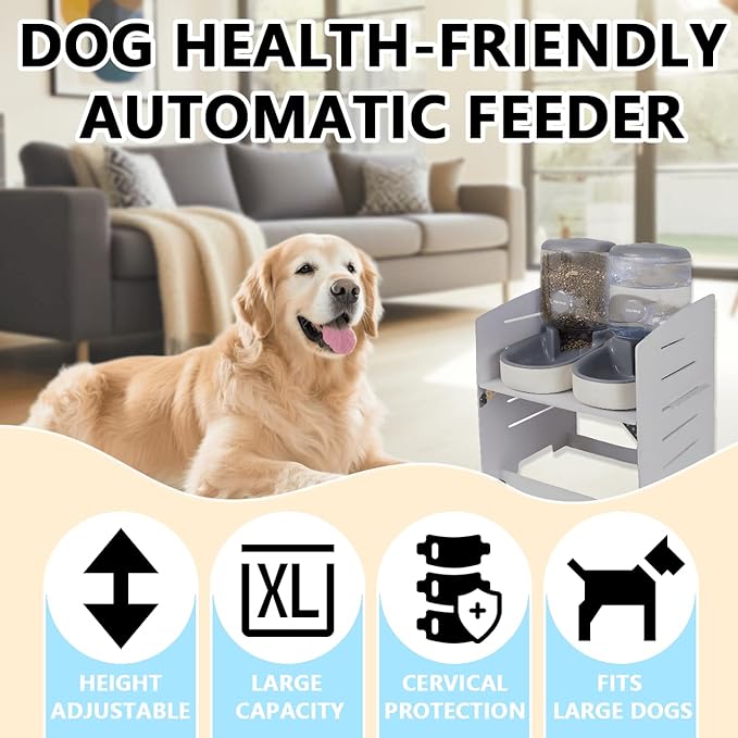 Elevated Gravity Pet Feeder & Water Dispenser Combo for Medium/Large/Senior Dogs - 4L/135oz Capacity, 5 Adjustable Height Settings, Cervical-Friendly Design Reduces Neck Strain