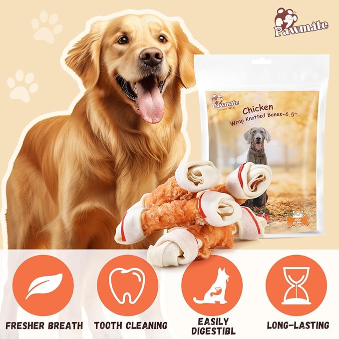 Pawmate Dog Treats Large Breed, Chicken Wrapped Rawhide Bones 6.5'', Large Size Long Lasting Dog Chews with Taurine, Teeth Cleaning Training Treats Snacks for Medium Large Dogs, 4 Counts, 10.6 oz