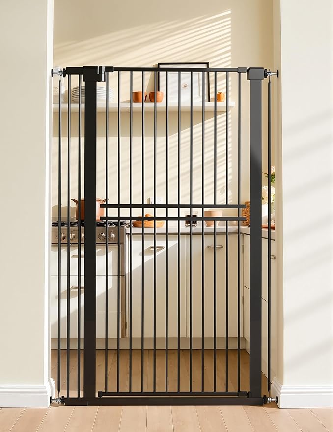 No Pawblems 55" Extra Tall Pet Gate for Cat/Dog, 31.5-48" Wide Auto Close Tall Cat Gate with 25.6" Wide Walk-Thru Door Opening, 1.37" Ultra Narrow Spacing, NO Drilling Pressure Mounted, Black