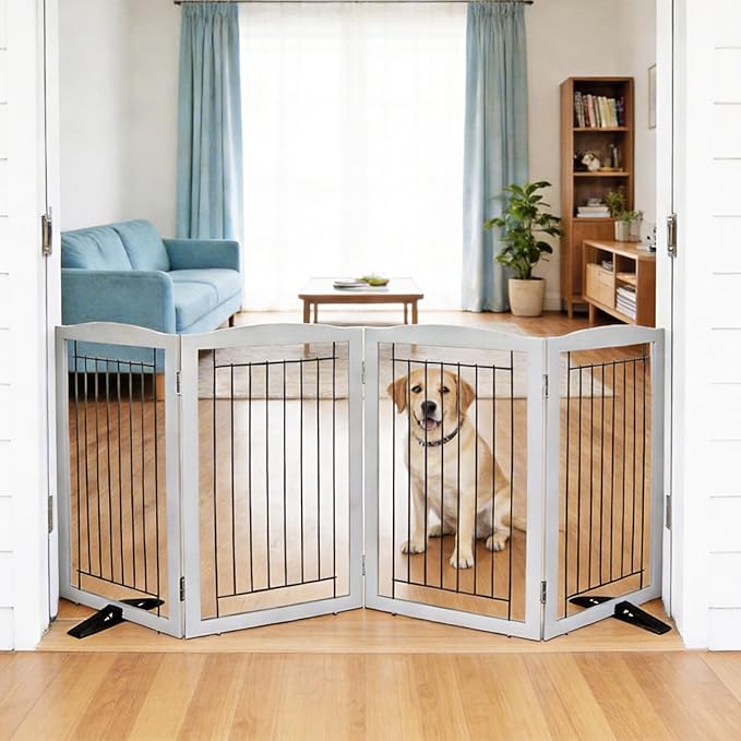 ZJSF Freestanding Dog Fence Indoor, Foldable Dog Gate for Doorways, Stairs or Hallways, Sturdy Wood Extra Wide Pet Gate with Support Feet for The House, Grey, 32 "Height-4 Panels