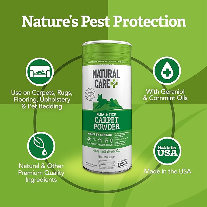Natural Care Flea and Tick Carpet Powder, Flea & Tick Treatment for Rugs, Carpet, and Pet Bedding, Pet Essential, Pest Prevention, 8.1 oz Canister (Pack of 4)