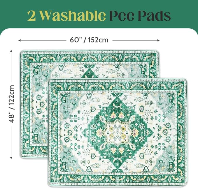 Washable Pee Pads for Dogs 2 Pack Reusable Puppy Training Pads 60"x48" Super Absorbent Waterproof Dog Training Pads, Non-Slip Potty Pads Whelping Pads Litter Mat Pet Supplies - Green Medallion